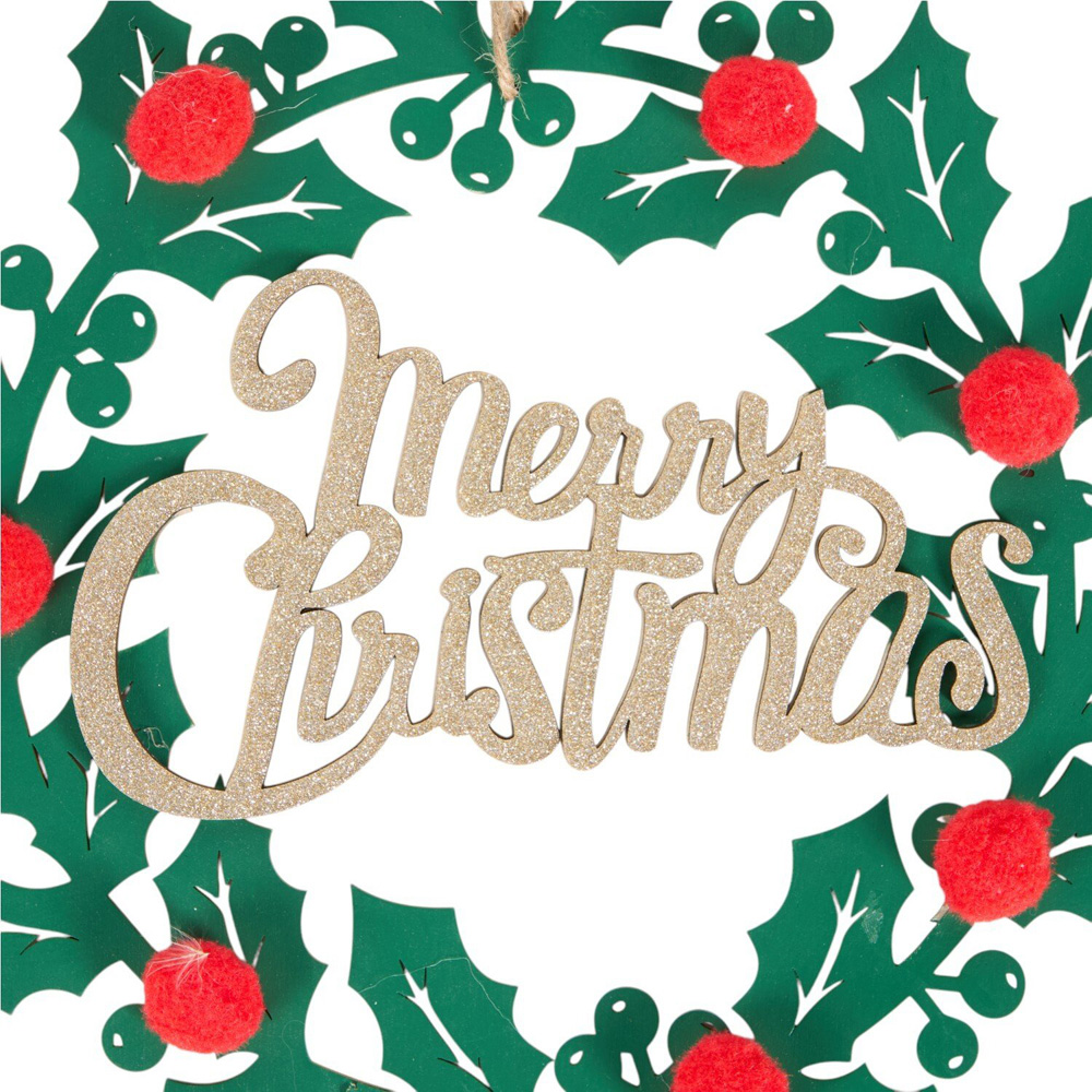 Wooden Merry Christmas Wreath Green and Red Image 2