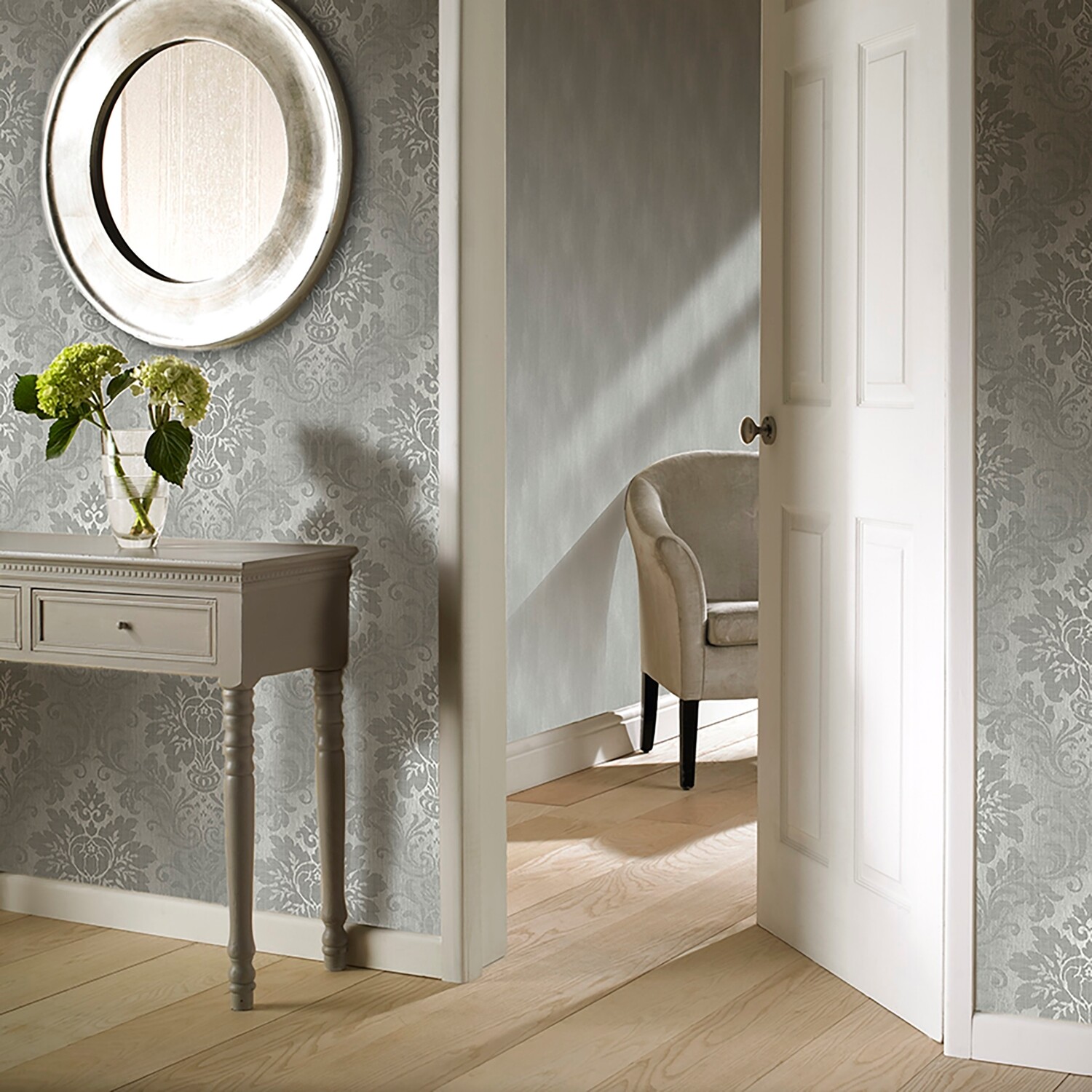 Grandeco Fabric Damask Wallpaper - Silver Image 2