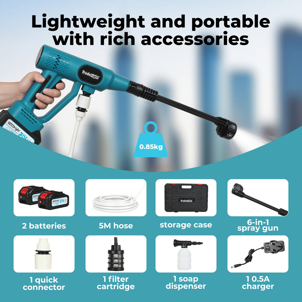 Traderight HW0297-UK Cordless Handheld Pressure Washer 50 Bar with 2 Batteries Image 7