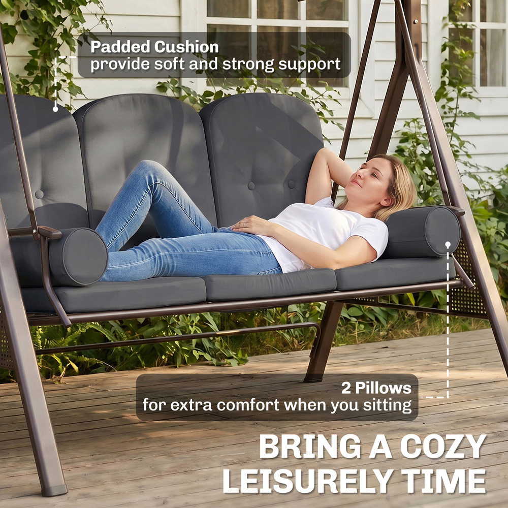 Outsunny 3 Seat Garden Swing Chair Patio Steel Swing Bench w/ Cup Trays Grey Image 5