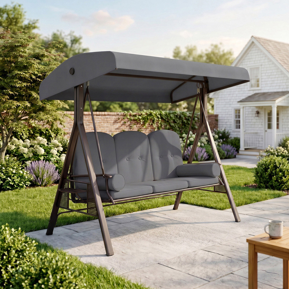 Outsunny 3 Seat Garden Swing Chair Patio Steel Swing Bench w/ Cup Trays Grey Image 7