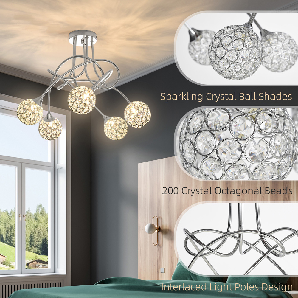 HOMCOM Chandelier Ceiling Light Pendant Light with 5 Globe Lampshades, Silver Image 4