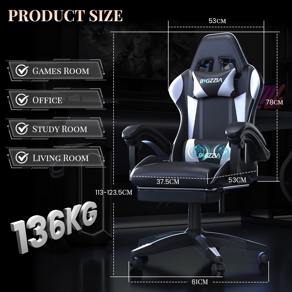 Rattrix White PU Leather Reclining Gaming Chair with Massage Lumbar Support and Footrest Image 9