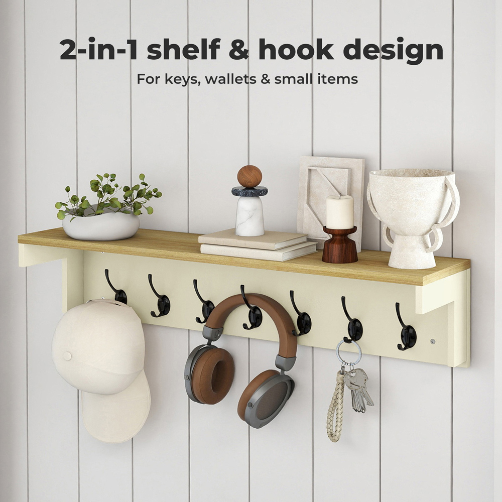Levede Oak and Beige 7 Double Hook Wall Mounted Coat Rack with Shelf Image 4