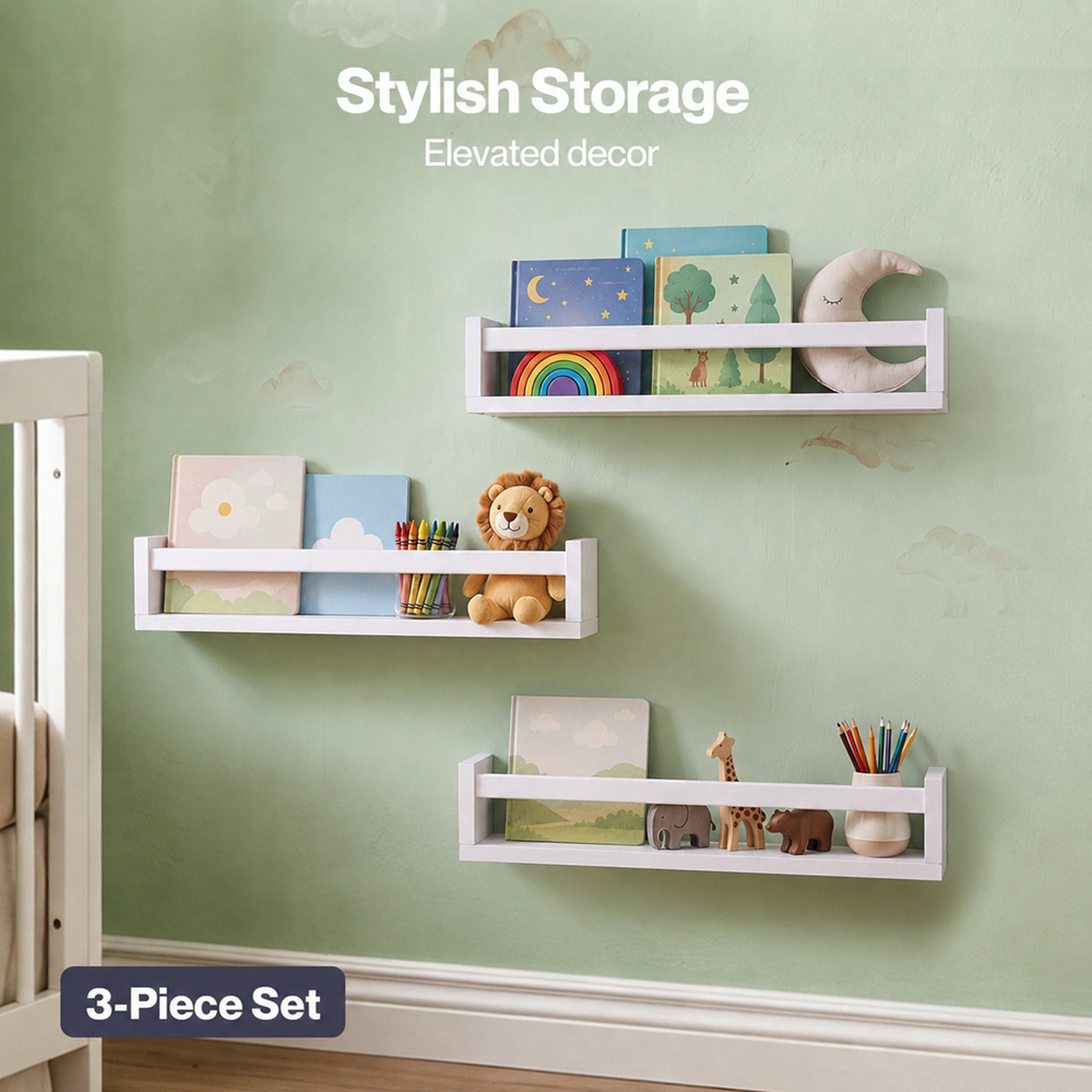 Levede White Solid Pine Wood Wall Mounted Reversible Floating Nursery Book Shelf Set of 3 Image 6