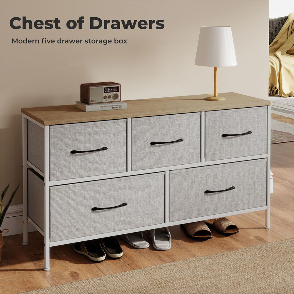 Levede Light Grey and Natural 5 Drawer Fabric Storage Unit Image 9