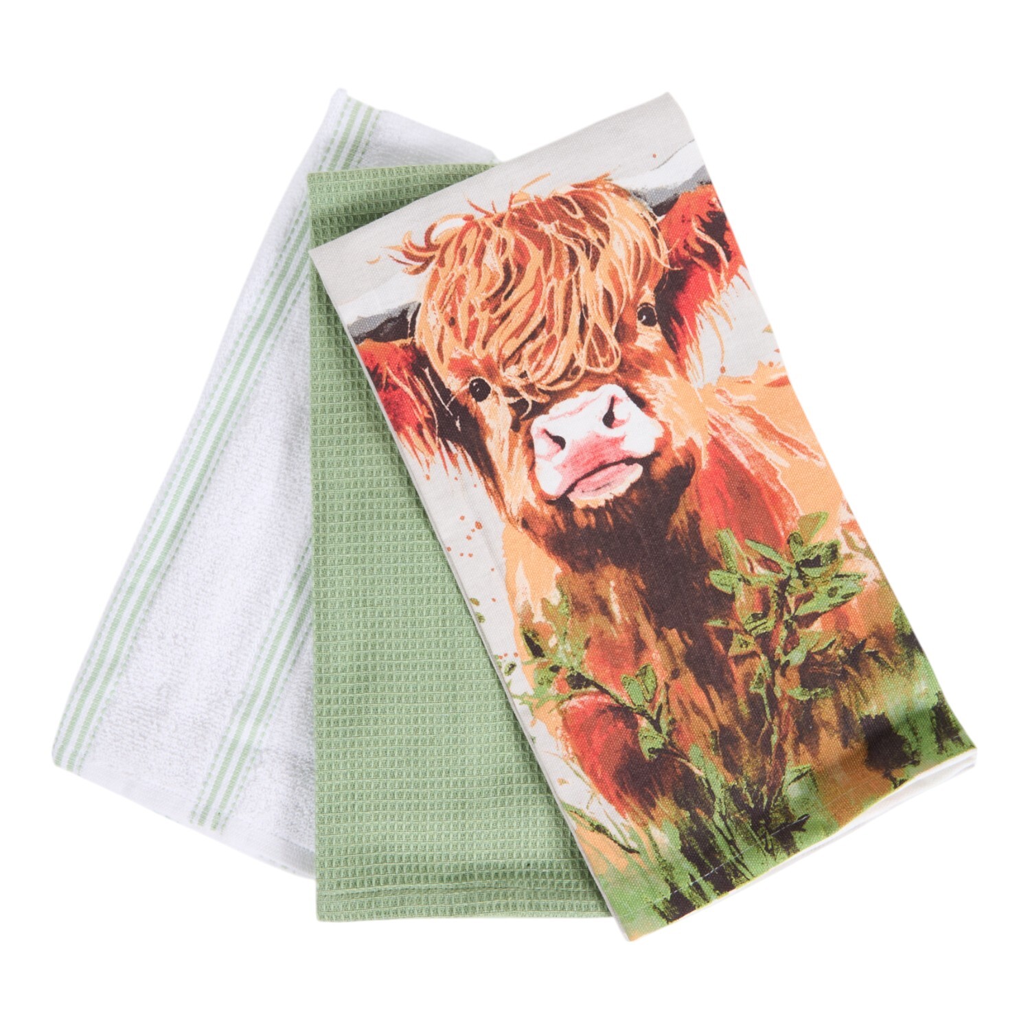 Pack of 3 The Highland Cow Tea Towels	 White and Sage Image 3