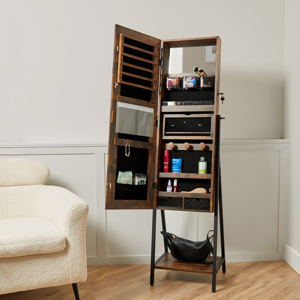 Brown Dark Wood Effect Cabinet Mirror with Bottom Shelf Image 2