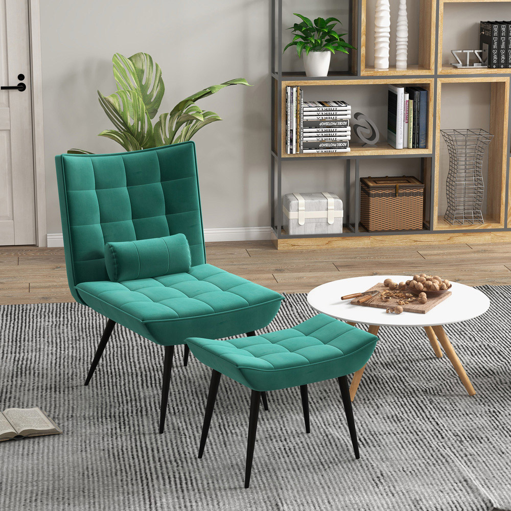 HOMCOM Armless Accent Chair with Footstool Set with Pillow and Steel Legs Green Image 7