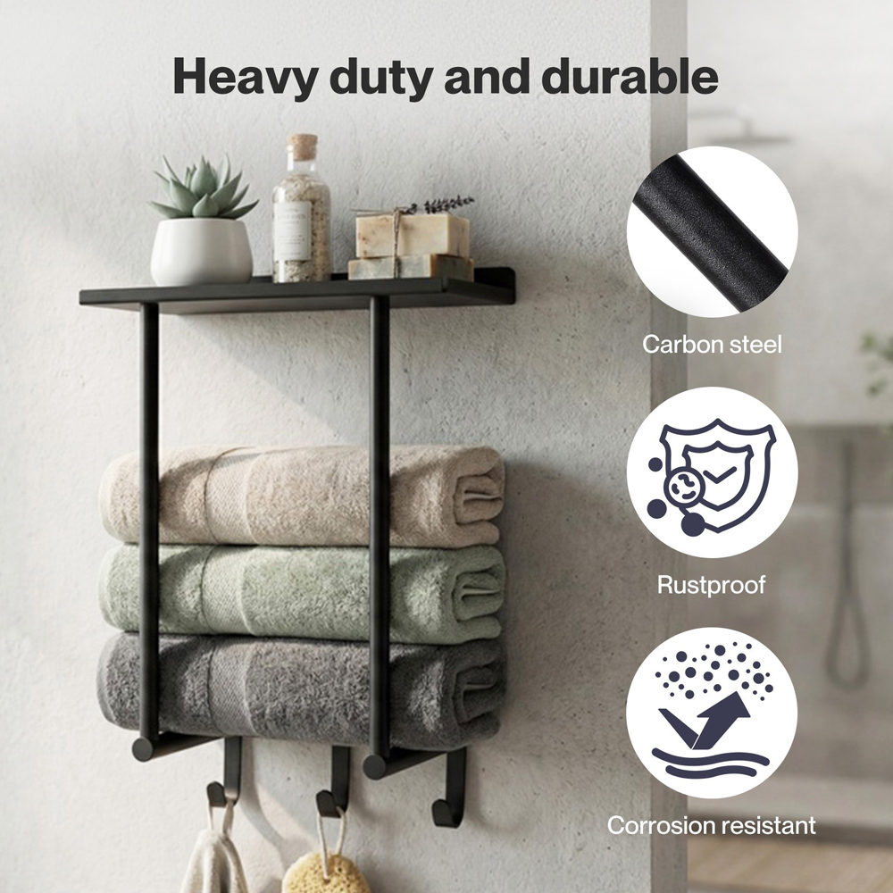 Levede Black Carbon Steel Wall-Mounted Towel Rack with Hooks Image 6