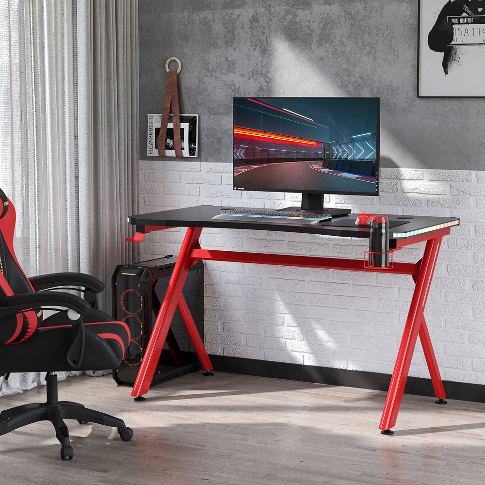 HOMCOM Gaming Desk Computer Table w/ LED Light, Cup Holder Headphone Hook Red Image 2