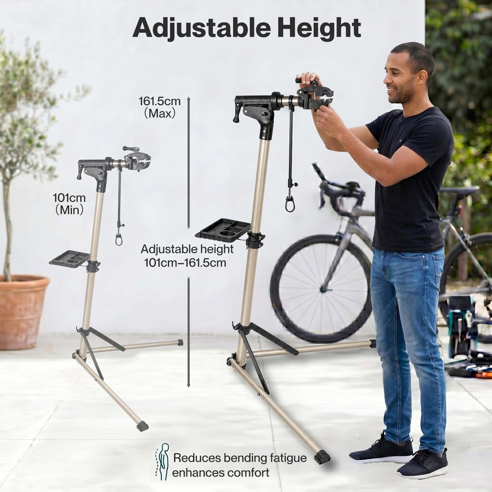 Monvelo Champagne Height Adjustable Rotating Bike Repair Stand with Tray and Handlebar Stabiliser Image 4