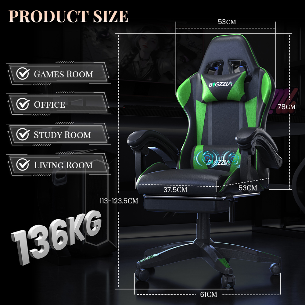 Rattrix Green PU Leather Reclining Gaming Chair with Massage Lumbar Support and Footrest Image 9