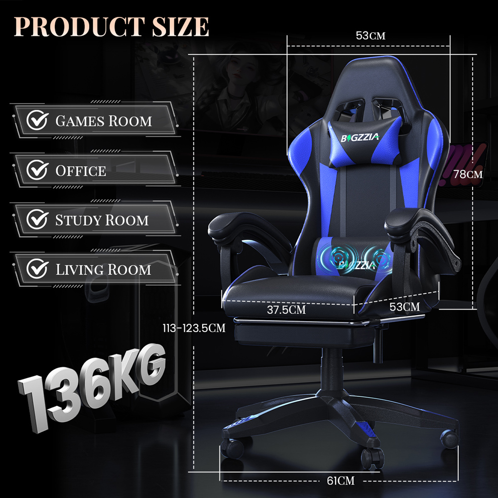 Rattrix Blue PU Leather Reclining Gaming Chair with Massage Lumbar Support and Footrest Image 9