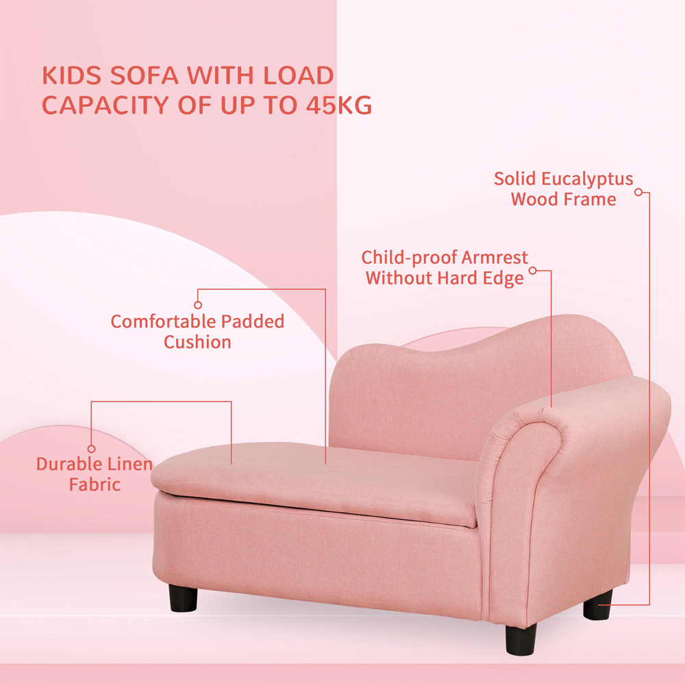 HOMCOM Kids Sofa Couch Toddler Armchair with Storage for Bedroom Pink Image 3