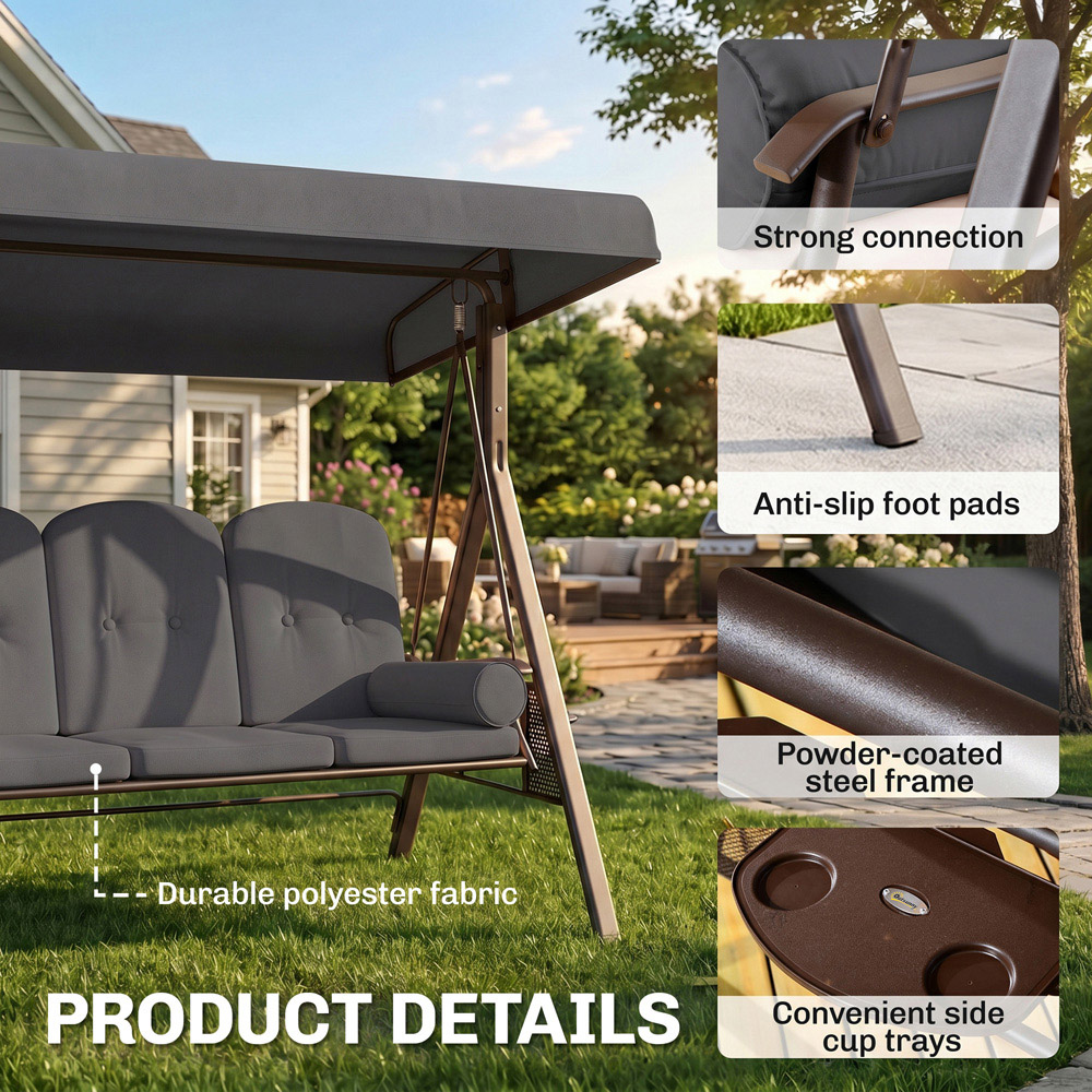 Outsunny 3 Seat Garden Swing Chair Patio Steel Swing Bench w/ Cup Trays Grey Image 4