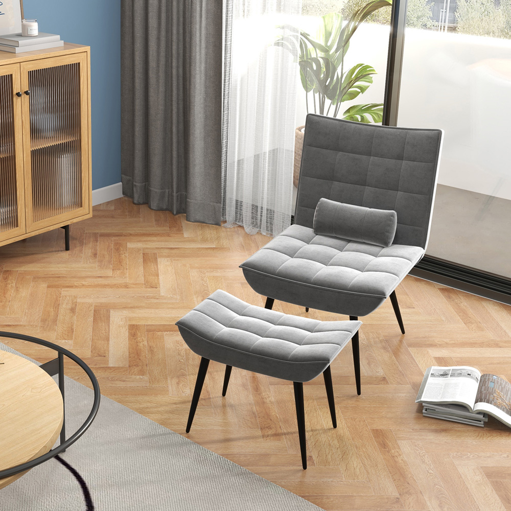 HOMCOM Armless Accent Chair with Footstool Set with Pillow and Steel Legs Grey Image 8