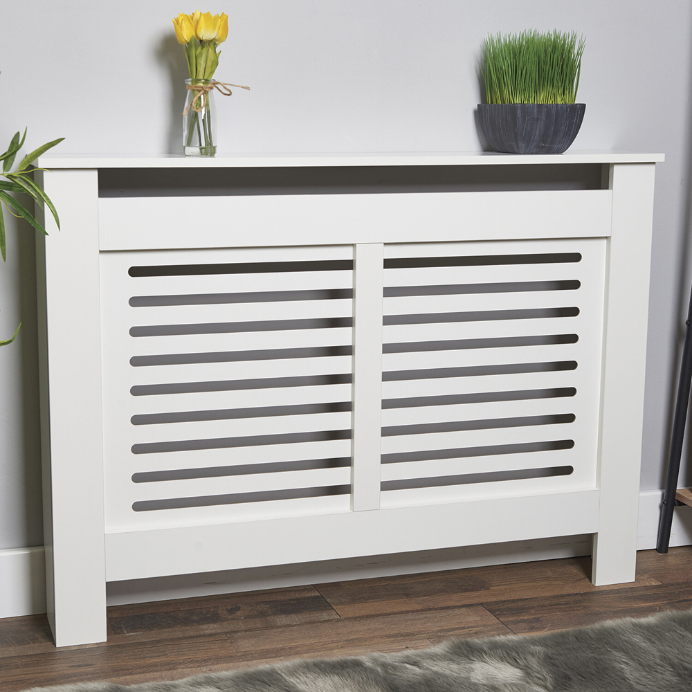 White Horizontal Striped Radiator Cover 112cm Image 2