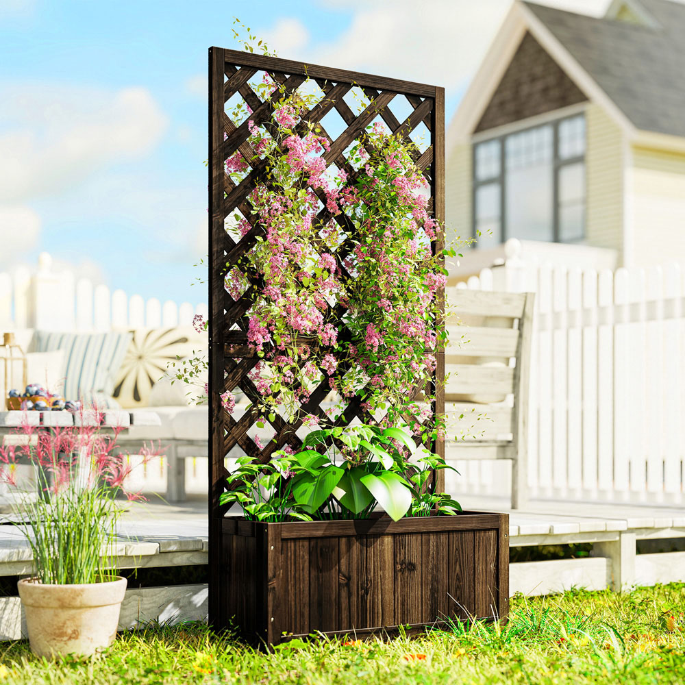 Outsunny Carbonised Finish Wooden Garden Planter with Trellis 45L Image 2