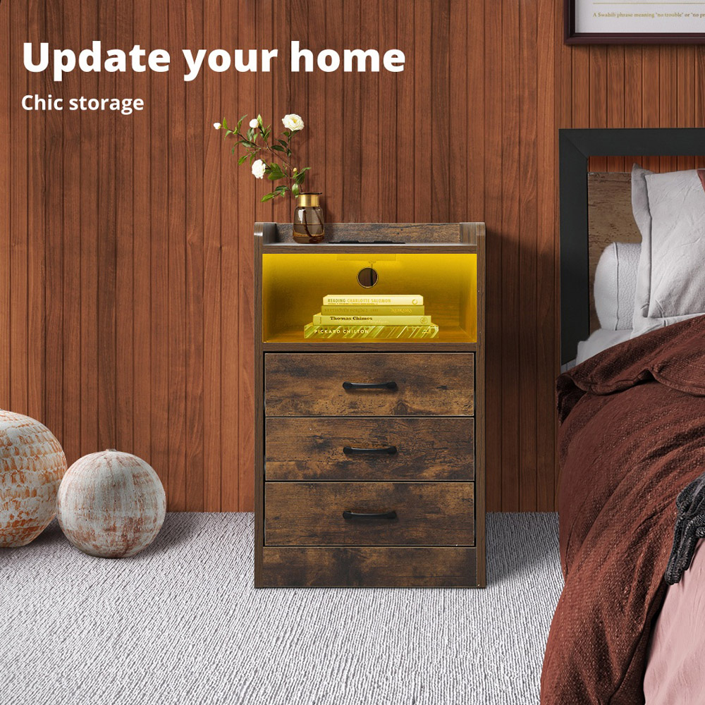 Levede Oak 3 Drawer RGB LED Bedside Table with USB Charger Outlet Image 9