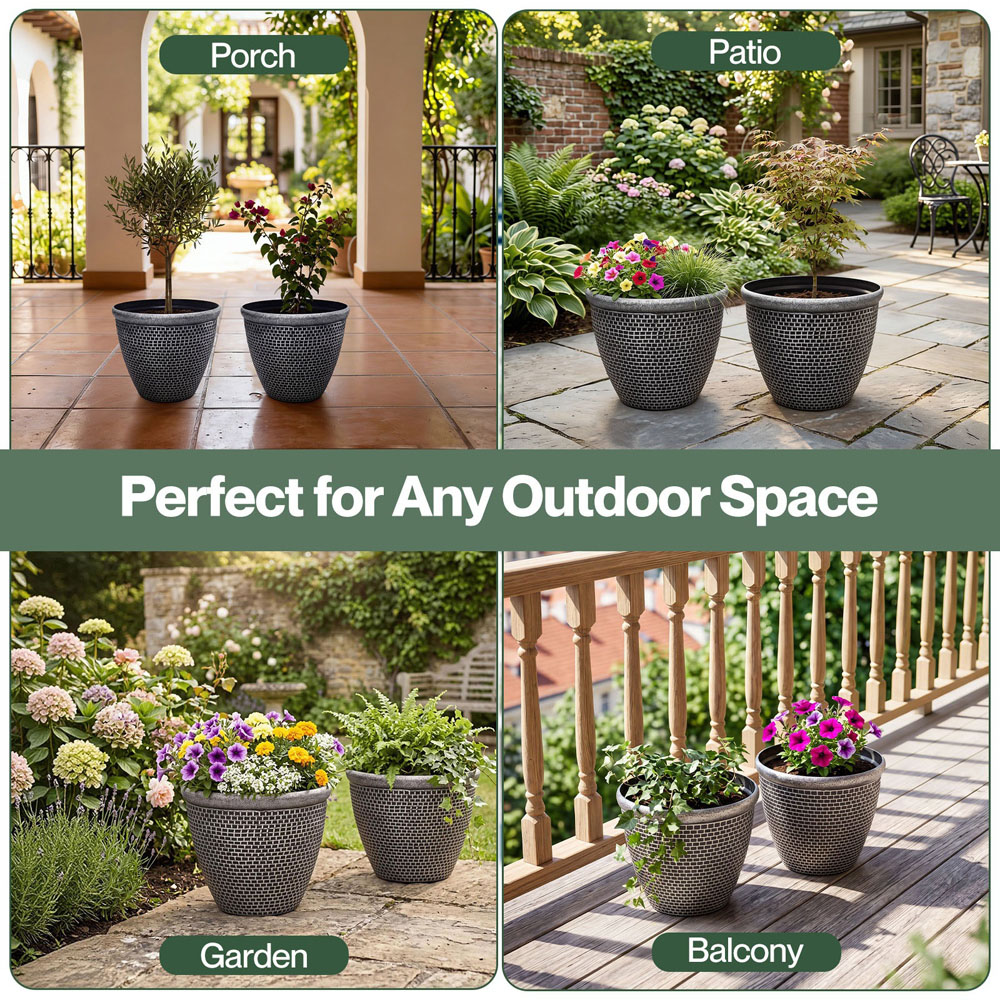 TOQUE Black Antique Silver Effect Plastic Garden Plant Pot with Drainage Holes 36cm 2 Pack Image 6