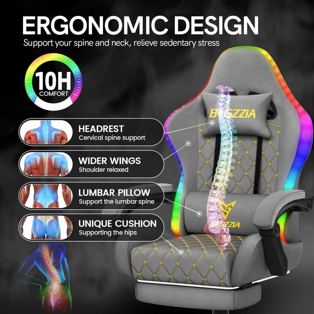 Rattrix Grey PU Leather Reclining Gaming Chair with RGB LED Lights Memory Foam Seat and Footrest Image 4