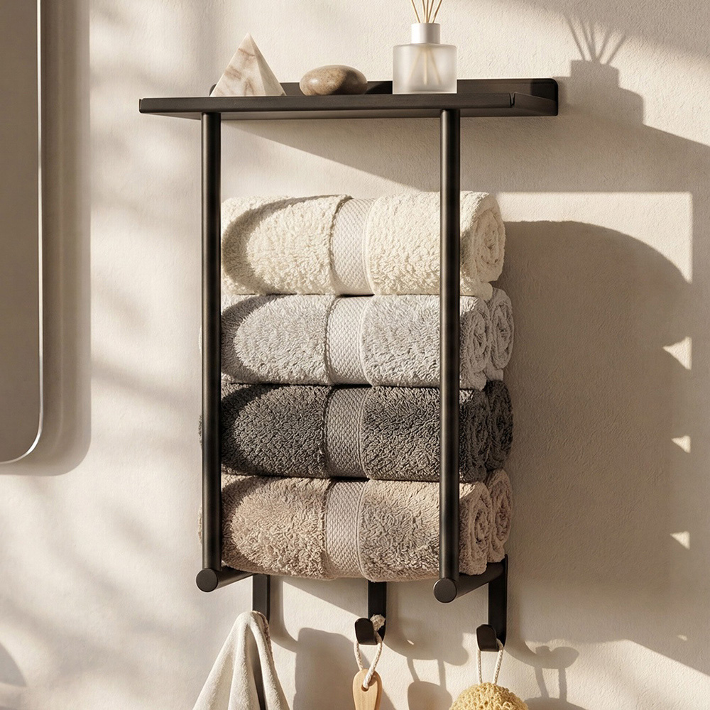 Levede Black Carbon Steel Wall-Mounted Towel Rack with Hooks Image 3