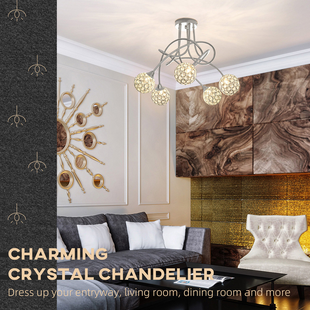 HOMCOM Chandelier Ceiling Light Pendant Light with 5 Globe Lampshades, Silver Image 3