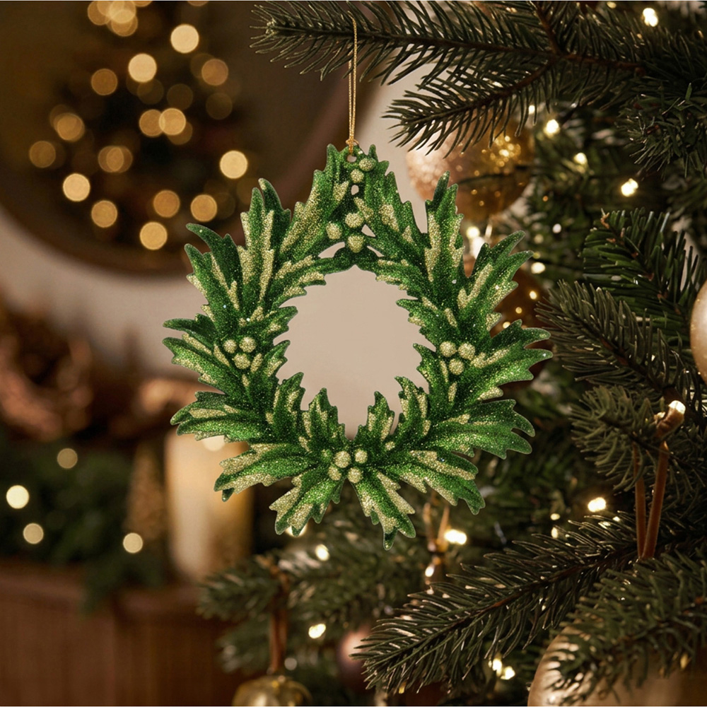 Elegant Glitter Wreath Hanging Decoration Olive Green Image 2