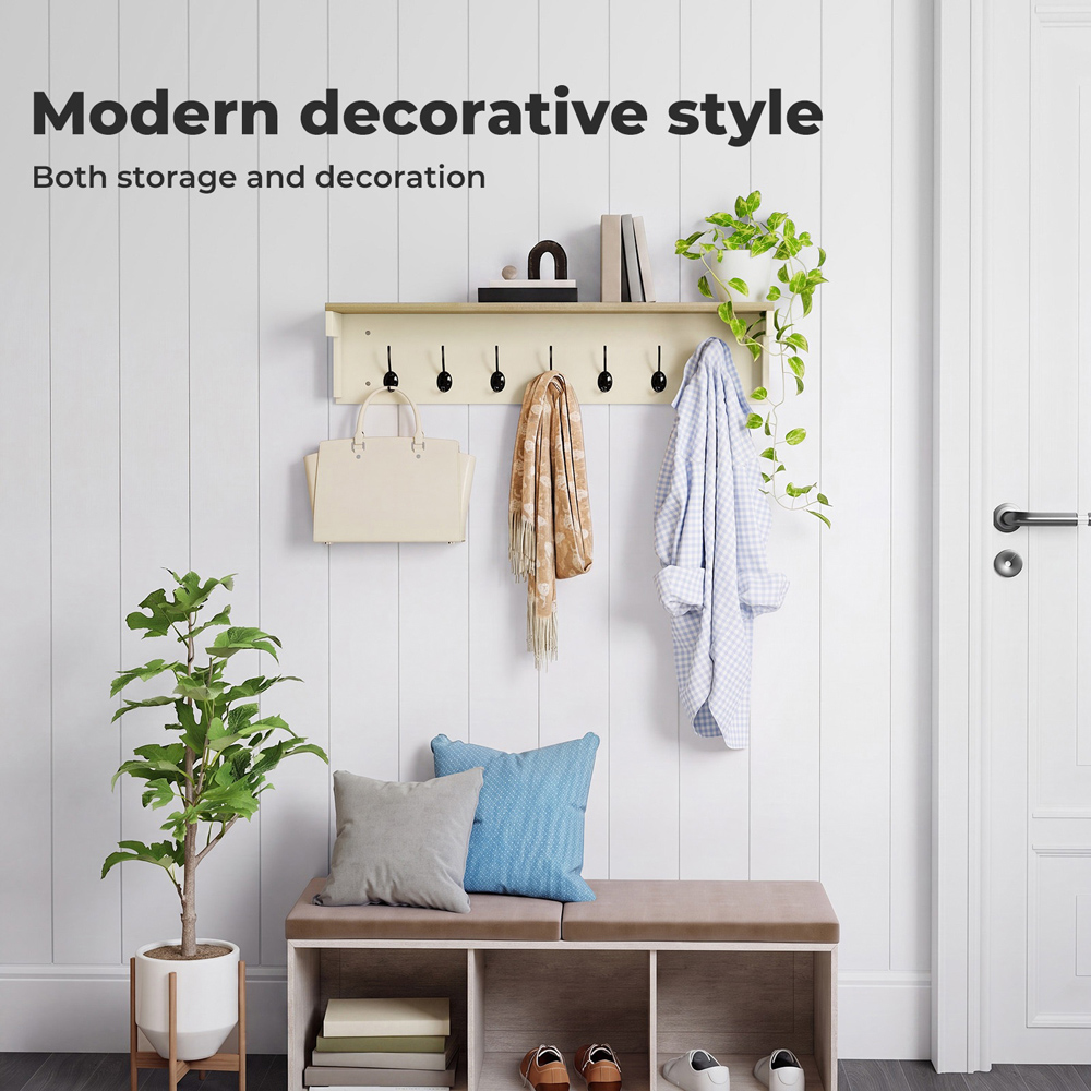 Levede Oak and Beige 7 Double Hook Wall Mounted Coat Rack with Shelf Image 6