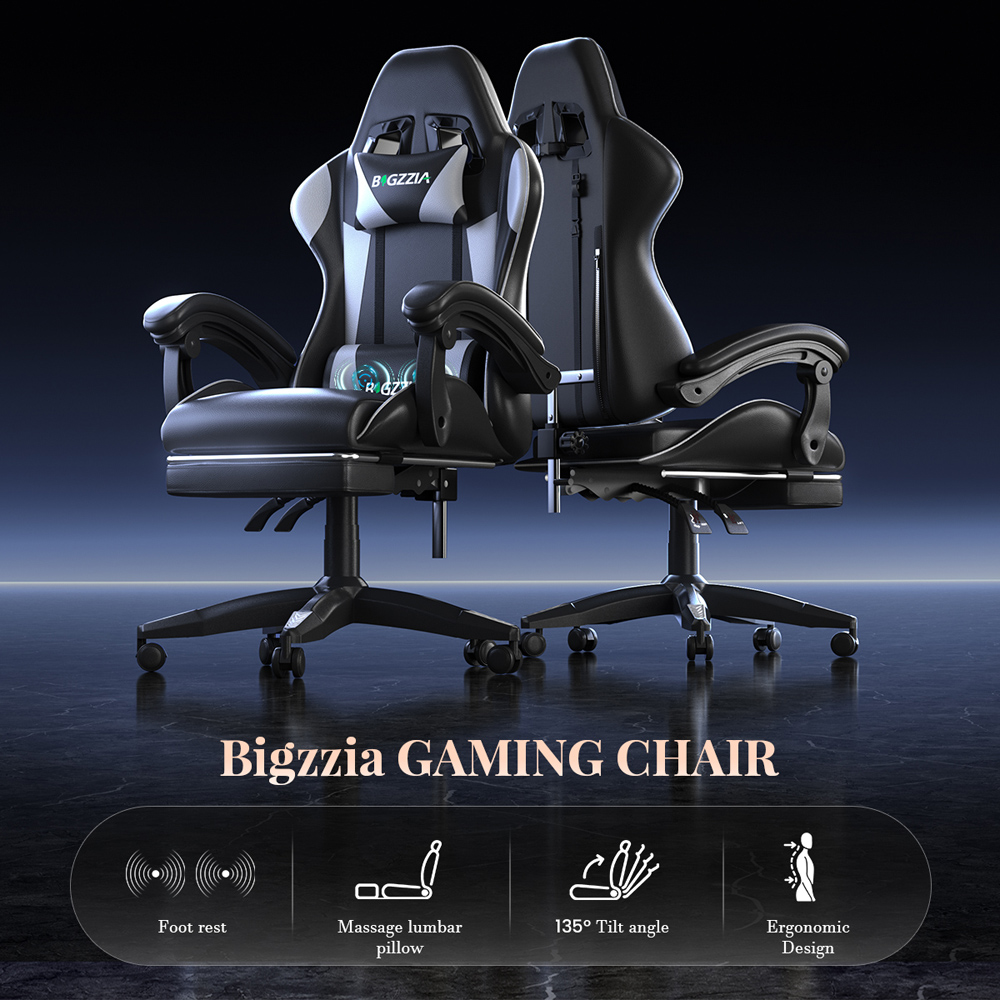 Rattrix White PU Leather Reclining Gaming Chair with Massage Lumbar Support and Footrest Image 4