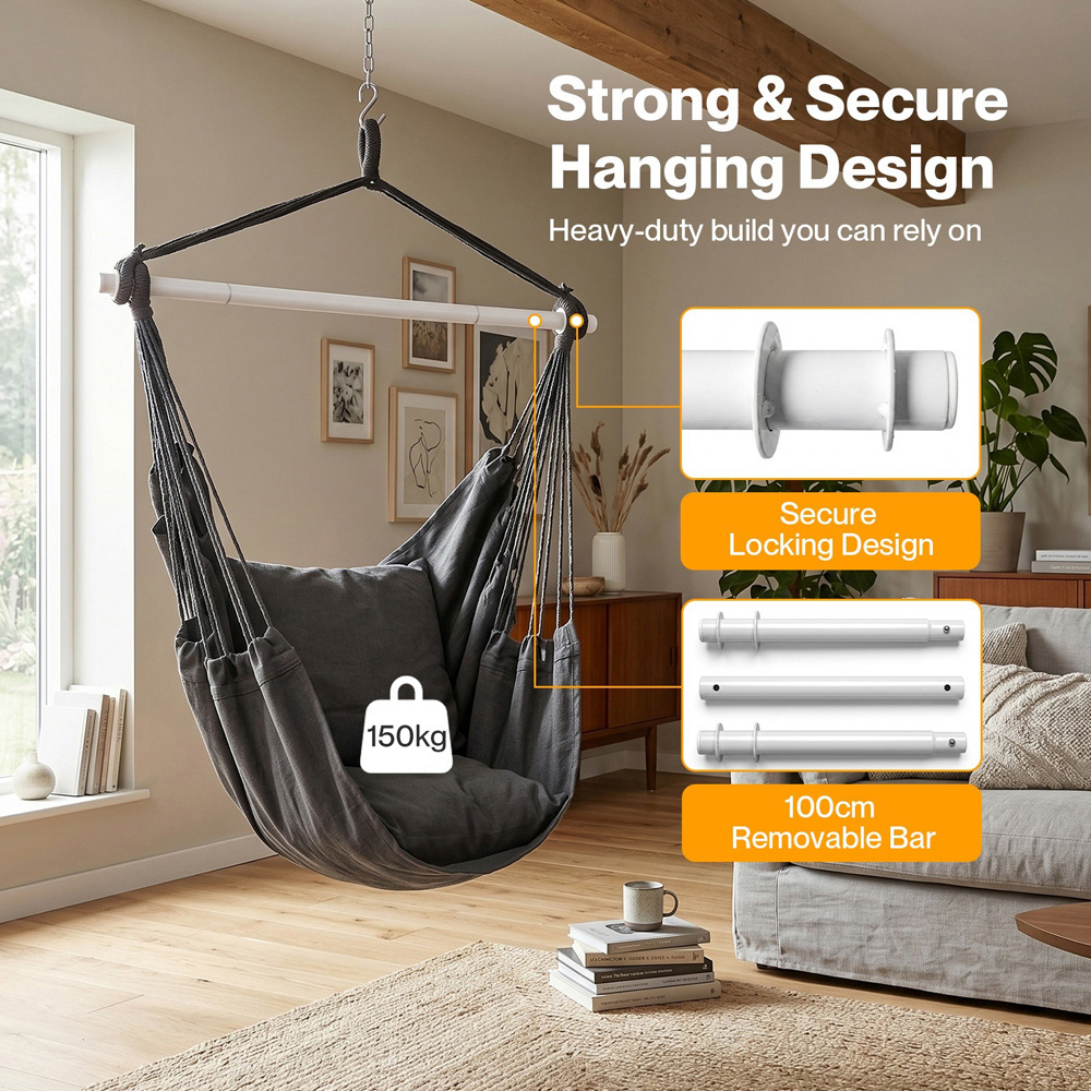 Mountview Grey Hanging Rope Swing Seat Indoor and Outdoor Hammock Chair with Cushions Image 3