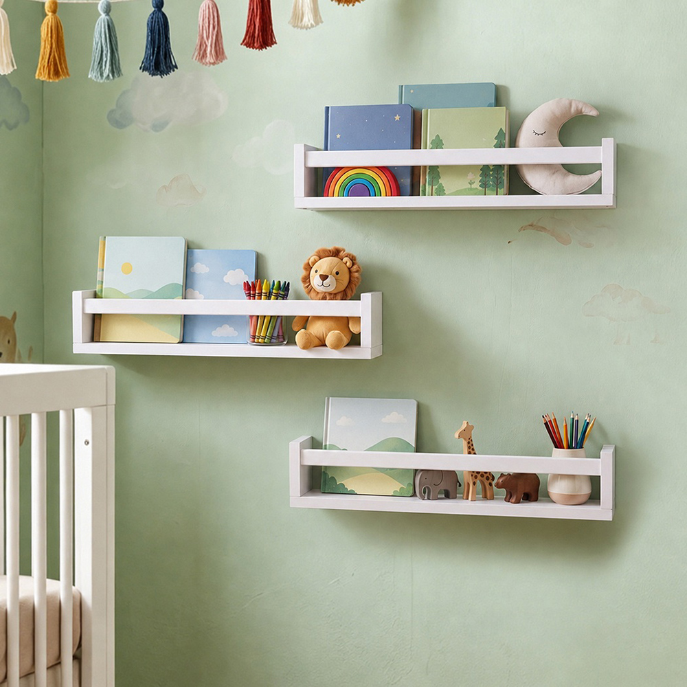 Levede White Solid Pine Wood Wall Mounted Reversible Floating Nursery Book Shelf Set of 3 Image 3