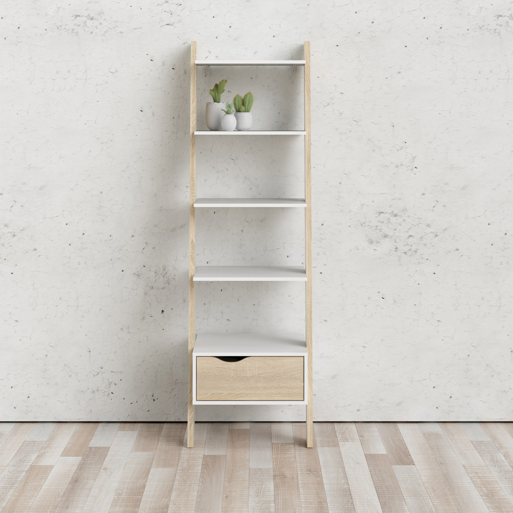 Furniture To Go Oslo White and Oak Single Drawer 5 Shelf Leaning Bookcase Image 5