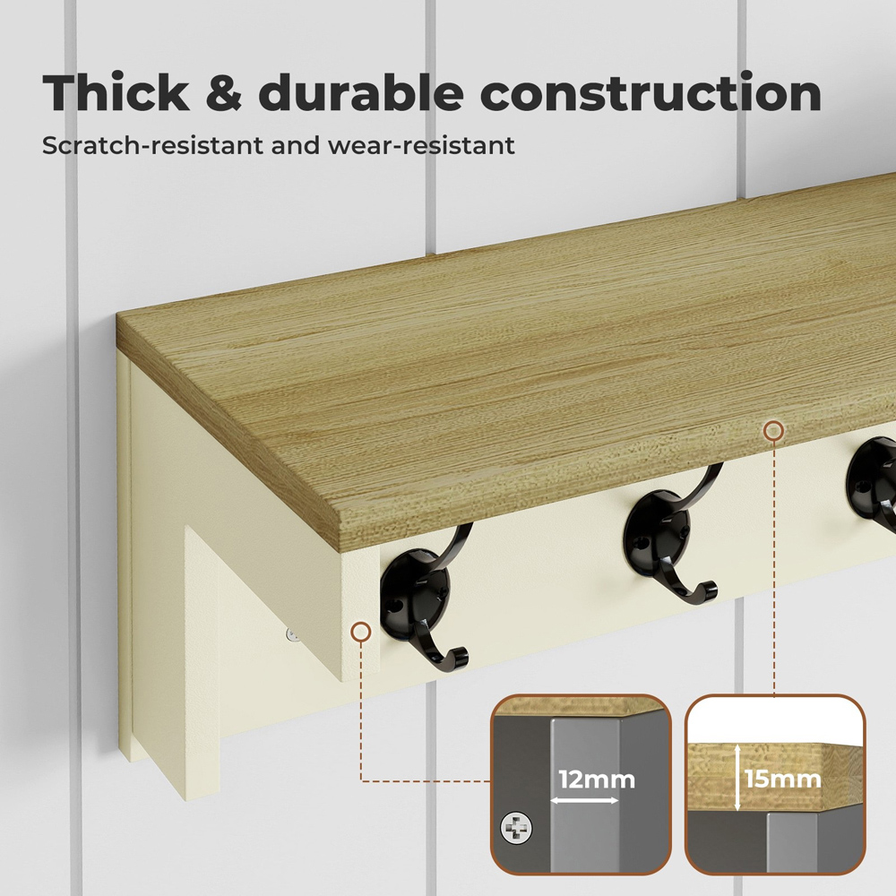 Levede Oak and Beige 7 Double Hook Wall Mounted Coat Rack with Shelf Image 5