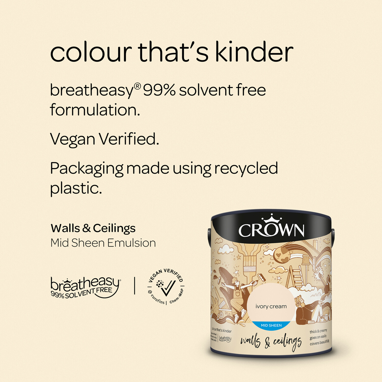 Crown Walls & Ceilings Ivory Cream Mid Sheen Emulsion Paint 2.5L Image 9