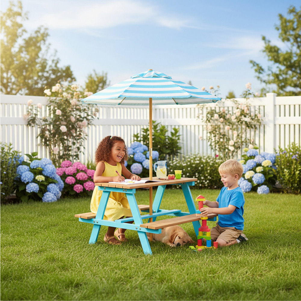 Teamson Home Dakota Aqua and Natural Outdoor Wooden Picnic Table and Umbrella Set Image 5