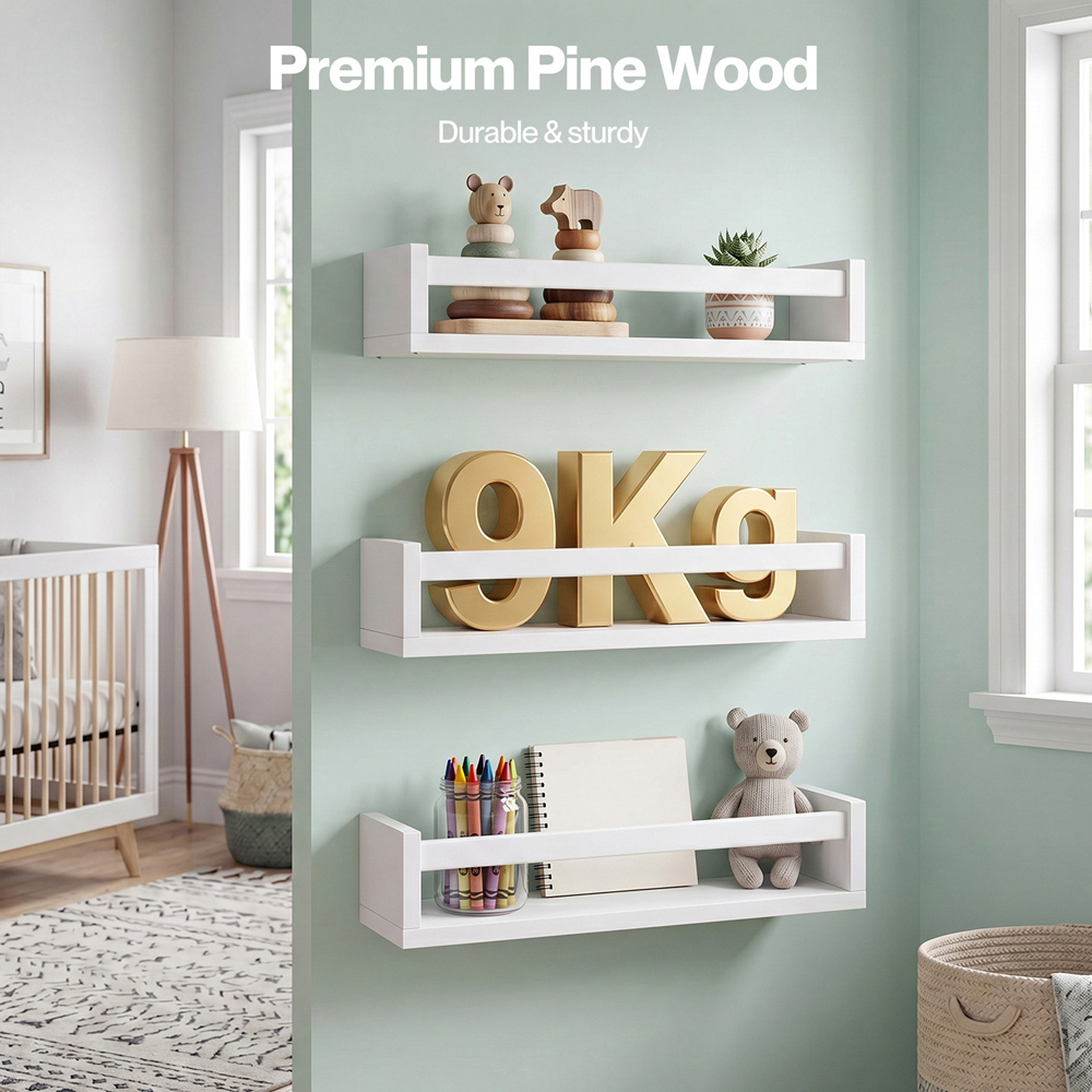 Levede White Solid Pine Wood Wall Mounted Reversible Floating Nursery Book Shelf Set of 3 Image 5