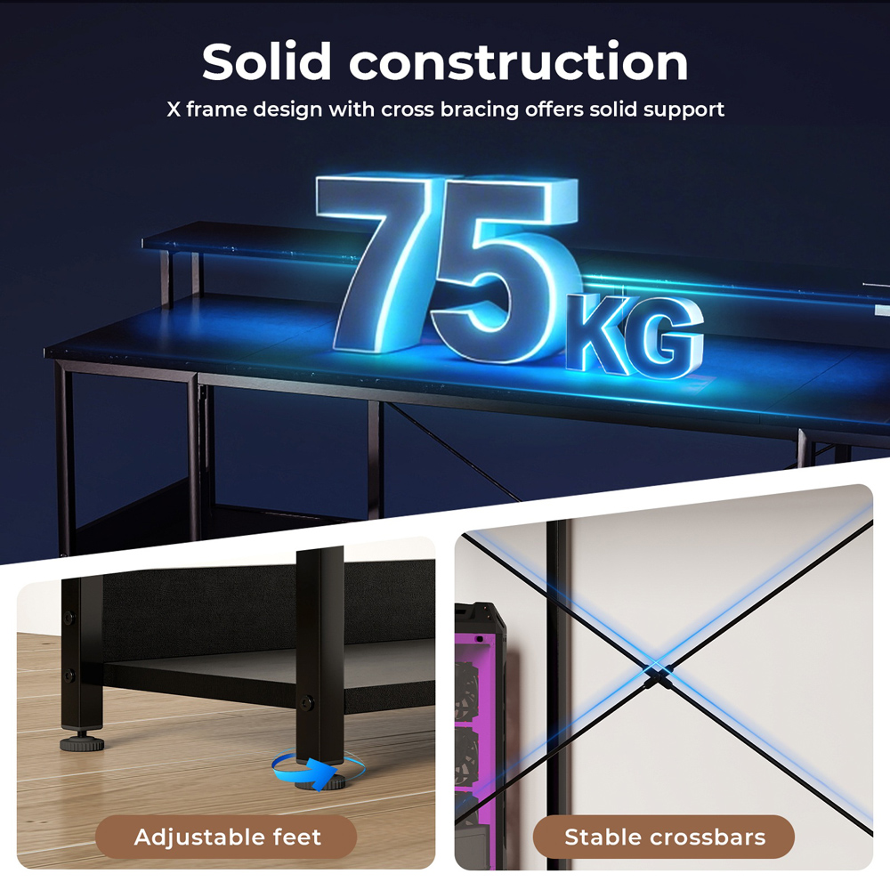 Levede Black 4 Shelf Gaming Desk with Lights and Power Port Image 6