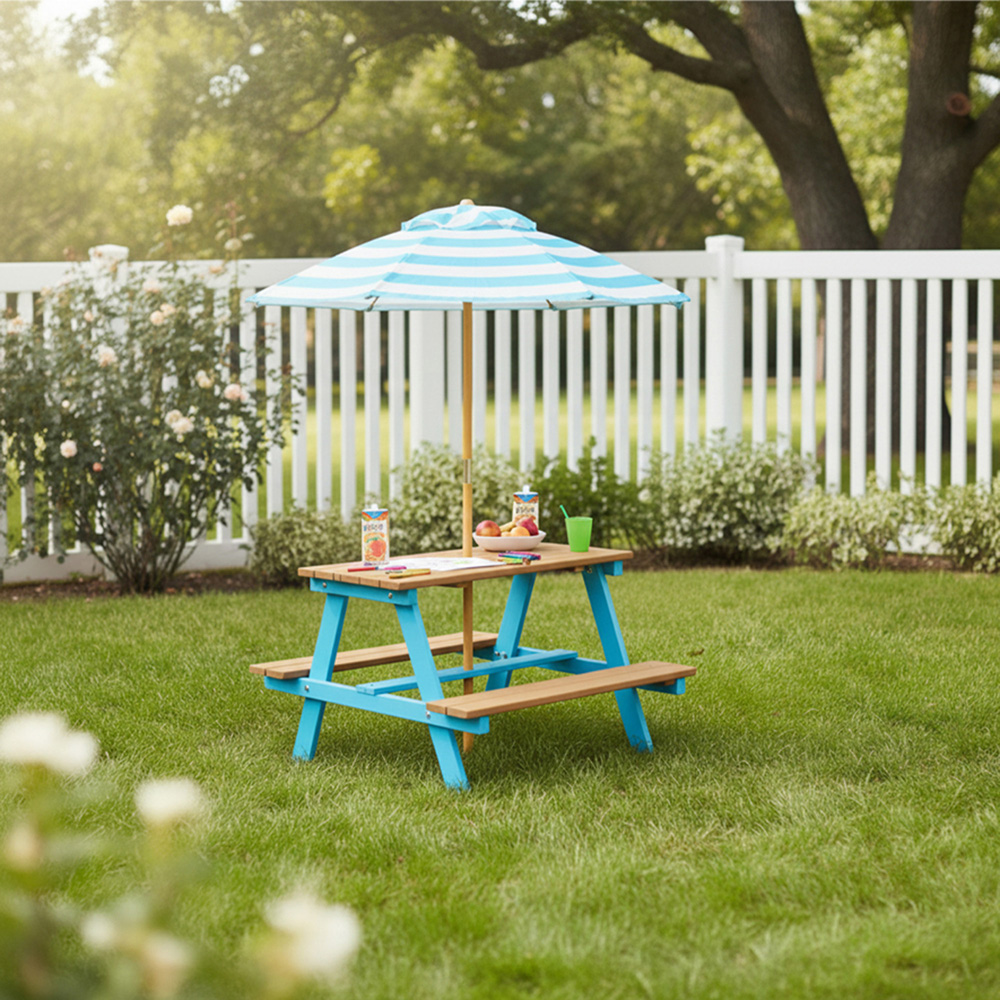 Teamson Home Dakota Aqua and Natural Outdoor Wooden Picnic Table and Umbrella Set Image 7
