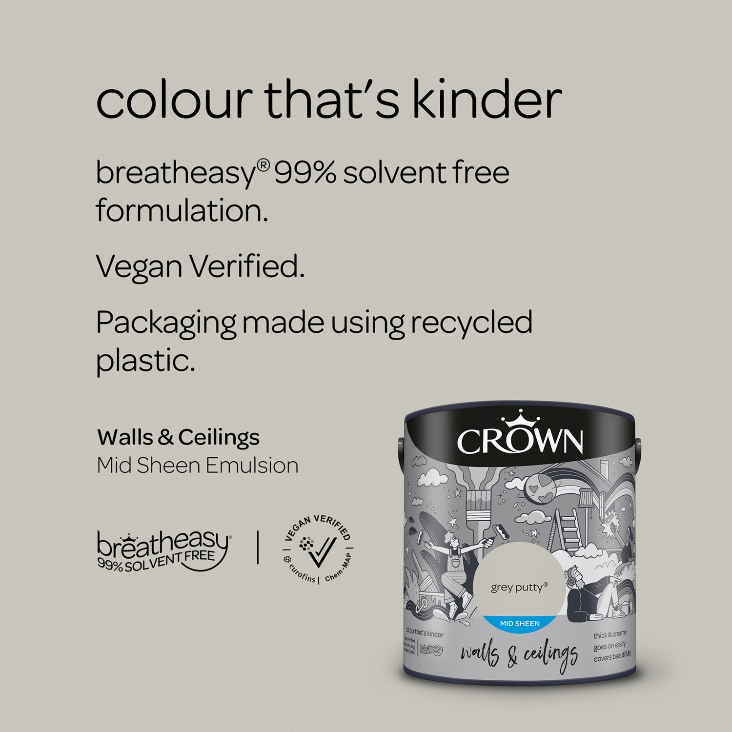 Crown Walls & Ceilings Grey Putty Mid Sheen Emulsion Paint 2.5L Image 9