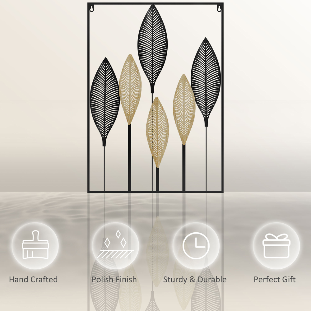 HOMCOM 3D Metal Wall Art Leaves for Home Decor, Hanging Wall Sculpture, Black Image 5
