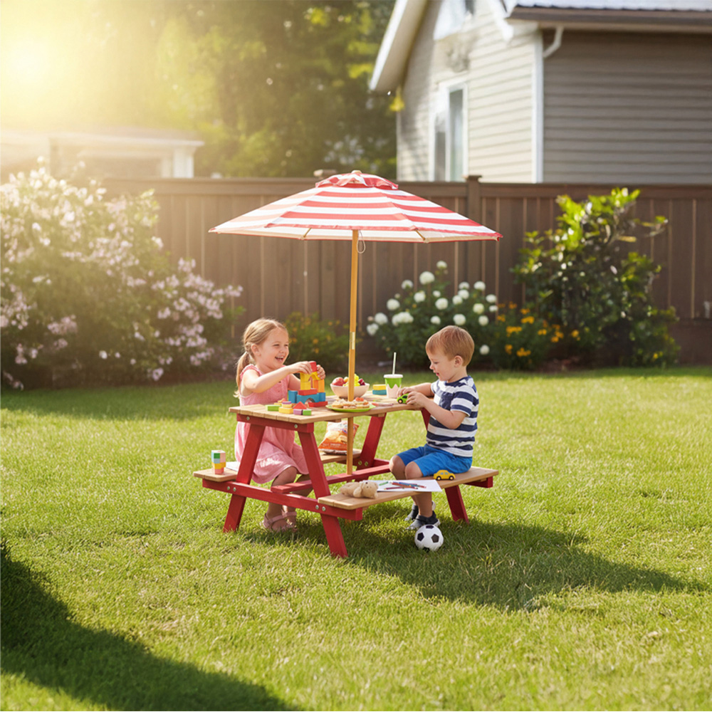 Teamson Home Dakota Red and Natural Outdoor Wooden Picnic Table and Umbrella Set Image 7