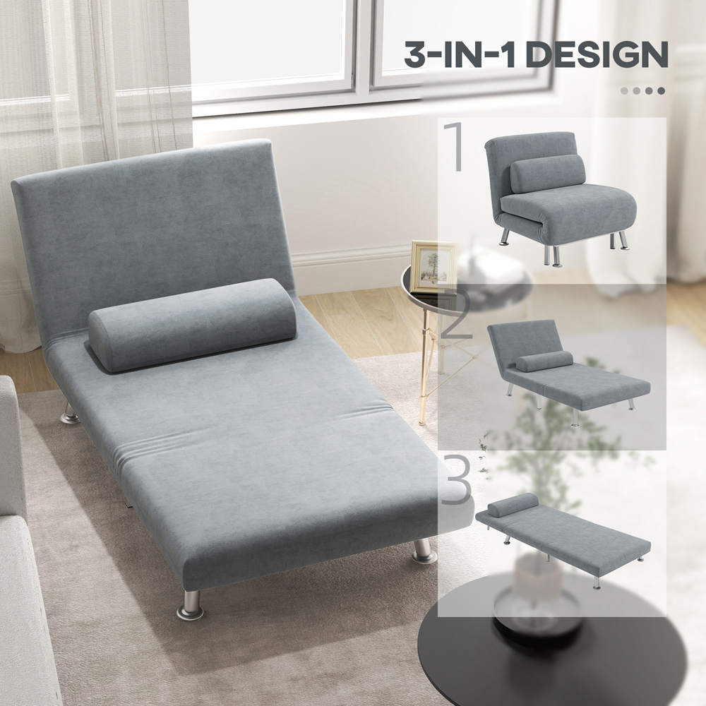 HOMCOM Single Grey Velvet Chair Bed with Adjustable Backrest Image 5