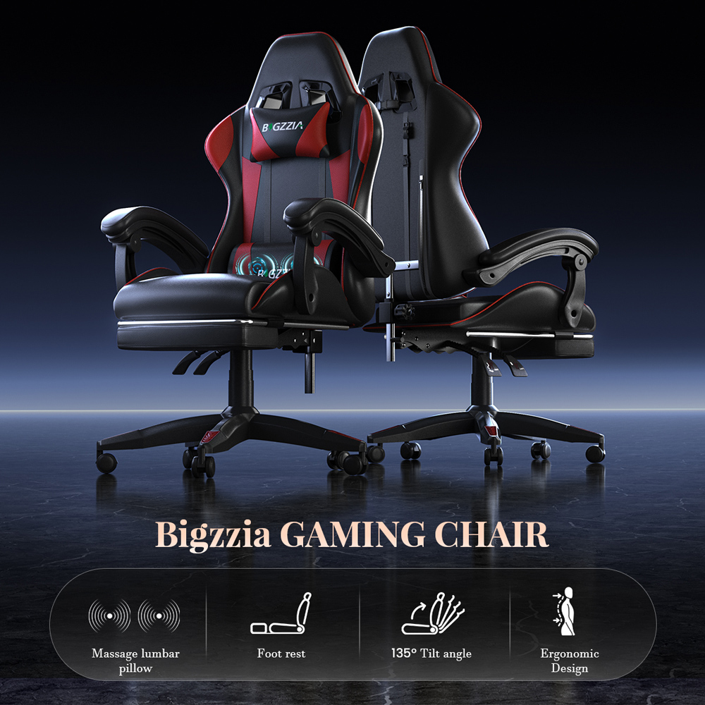 Rattrix Red PU Leather Reclining Gaming Chair with Massage Lumbar Support and Footrest Image 4