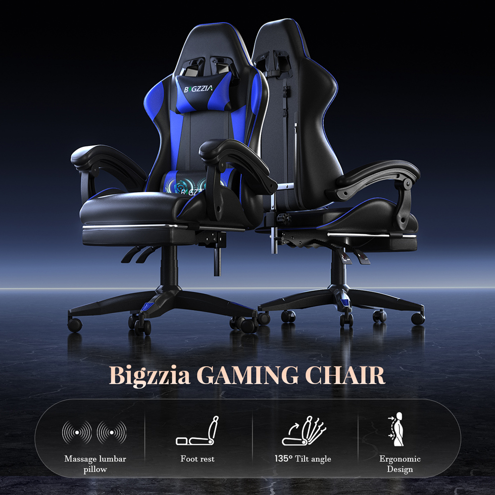 Rattrix Blue PU Leather Reclining Gaming Chair with Massage Lumbar Support and Footrest Image 8