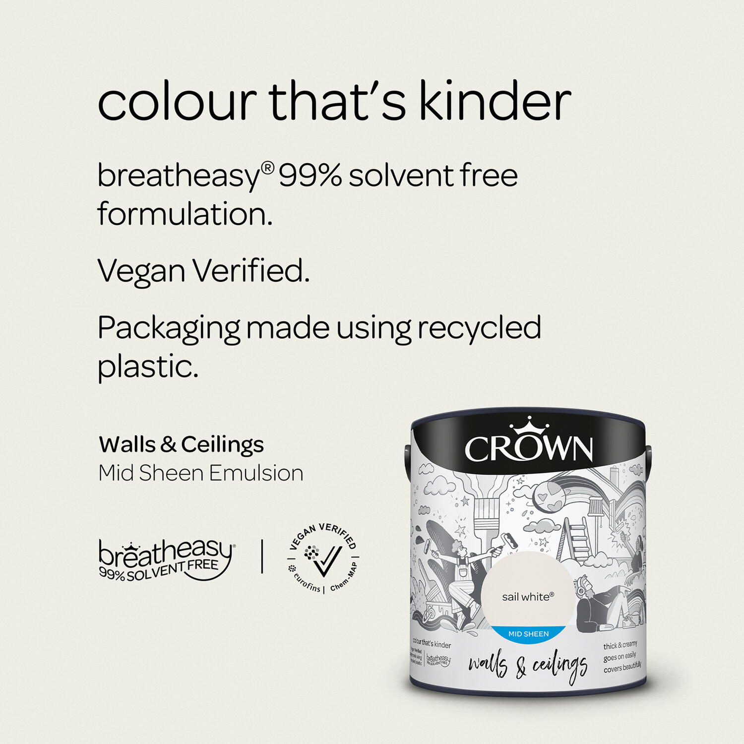 Crown Walls & Ceilings Sail White Mid Sheen Emulsion Paint 2.5L Image 9