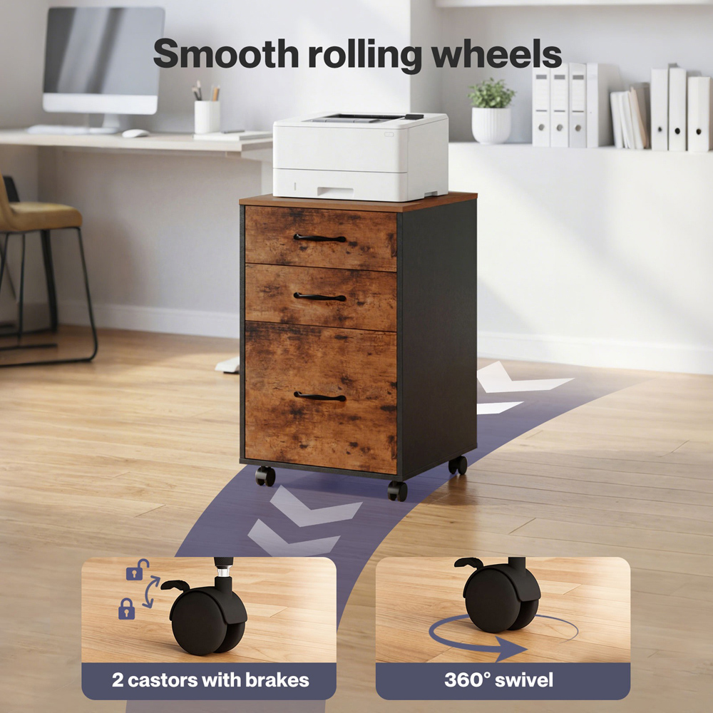 Levede Walnut 3 Drawer File Cabinet with Wheels Image 4