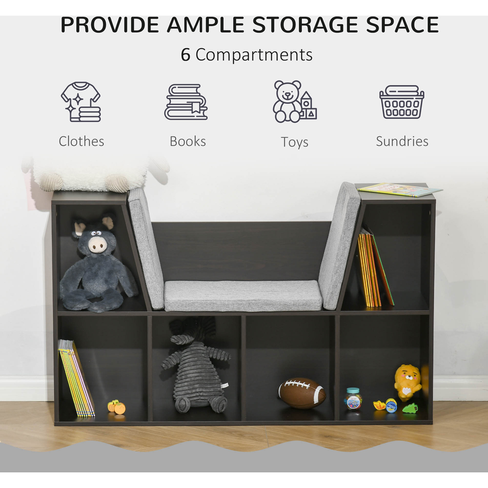 HOMCOM Brown and Grey 6 Shelf Kids Bookcase with Seat Image 3
