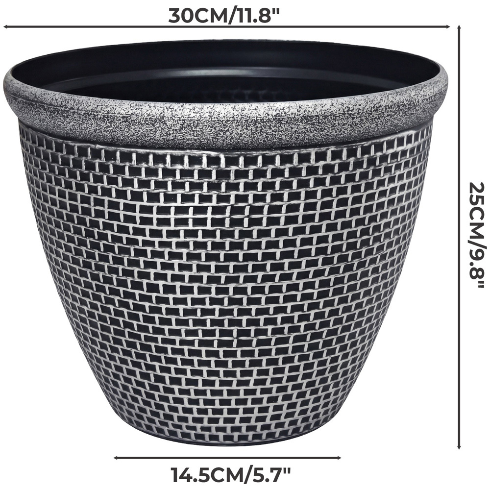 TOQUE Black Antique Silver Effect Plastic Garden Plant Pot with Drainage Holes 30cm 2 Pack Image 9